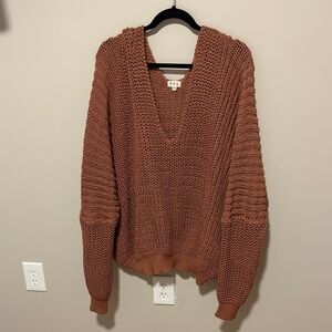 POL Chunky V-Neck Hooded Knit Sweater - Rust Brown